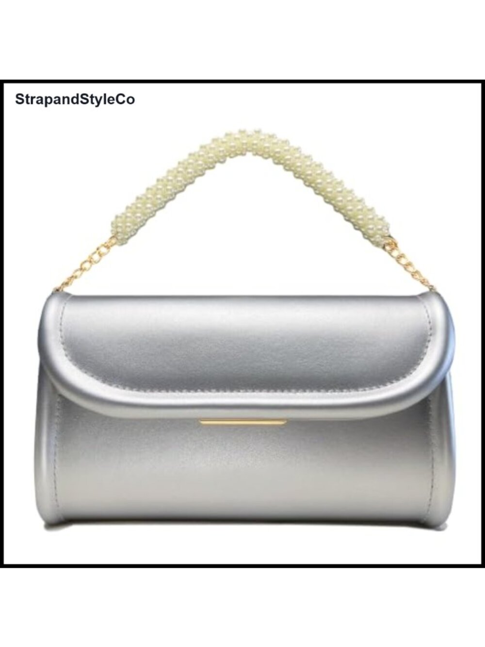 Vegan Leather Envelope Clutch with Pearl Handle & Chain Evening Bag